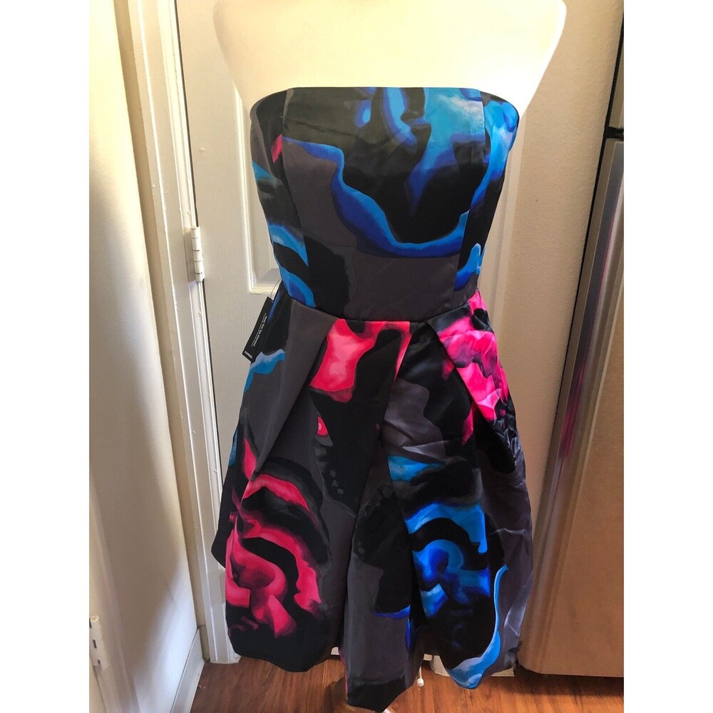 New Express Black Pink Blue Floral Silky Strapless Dress Occasion Party Size 6